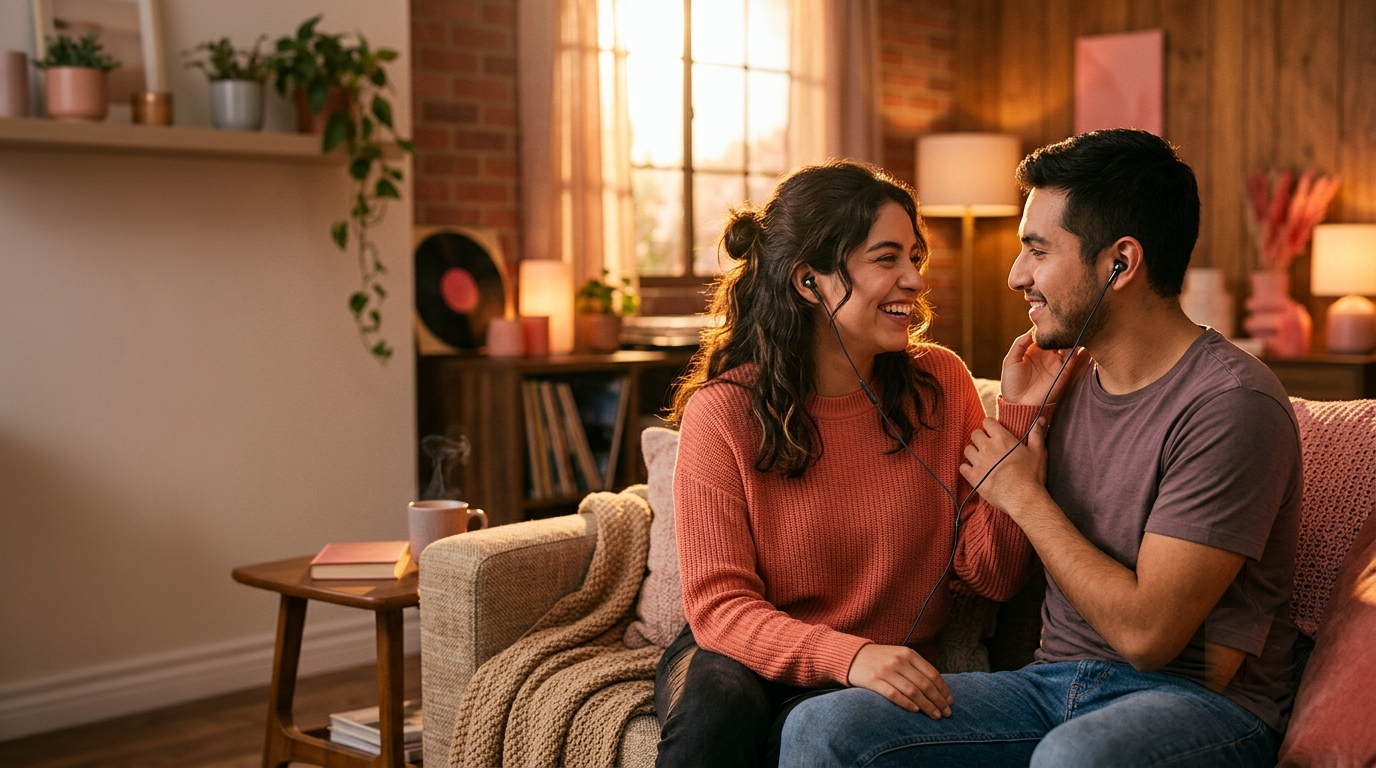 Pareja escuchando una canción